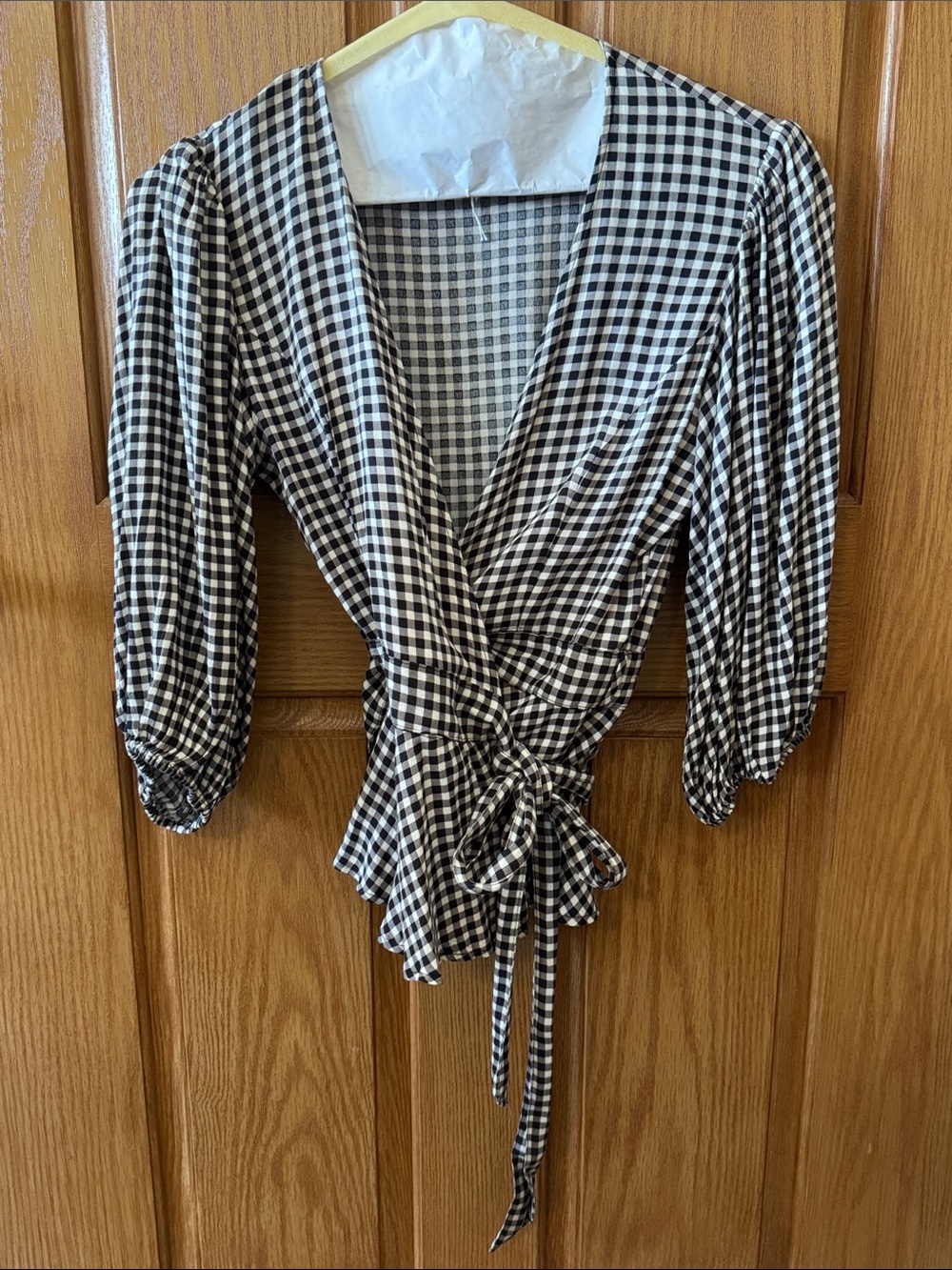Ganni Black and White Gingham Wrap Top - Women